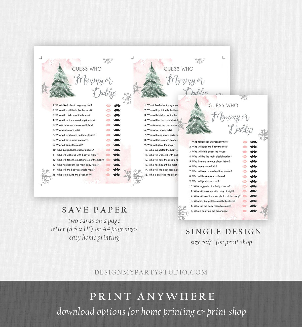 Editable Guess Who Mommy or Daddy Baby Shower Game Winter Baby Shower Cold Outside Girl Pink Tree Watercolor Corjl Template Printable 0363