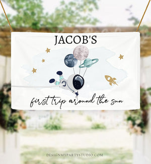 Editable Outer Space Backdrop Banner Space Birthday Boy Gold Blue First Trip Around the Sun Galaxy Planets Download Template Printable 0366