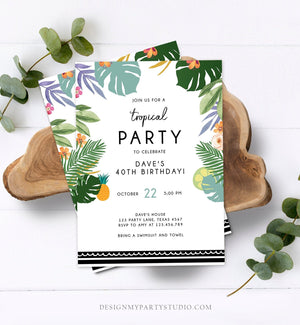 Editable Tropical Birthday Invitation Tropical Party Adult Birthday Woman Man Palm Leaves Hawaiian Download Printable Template Corjl 0183