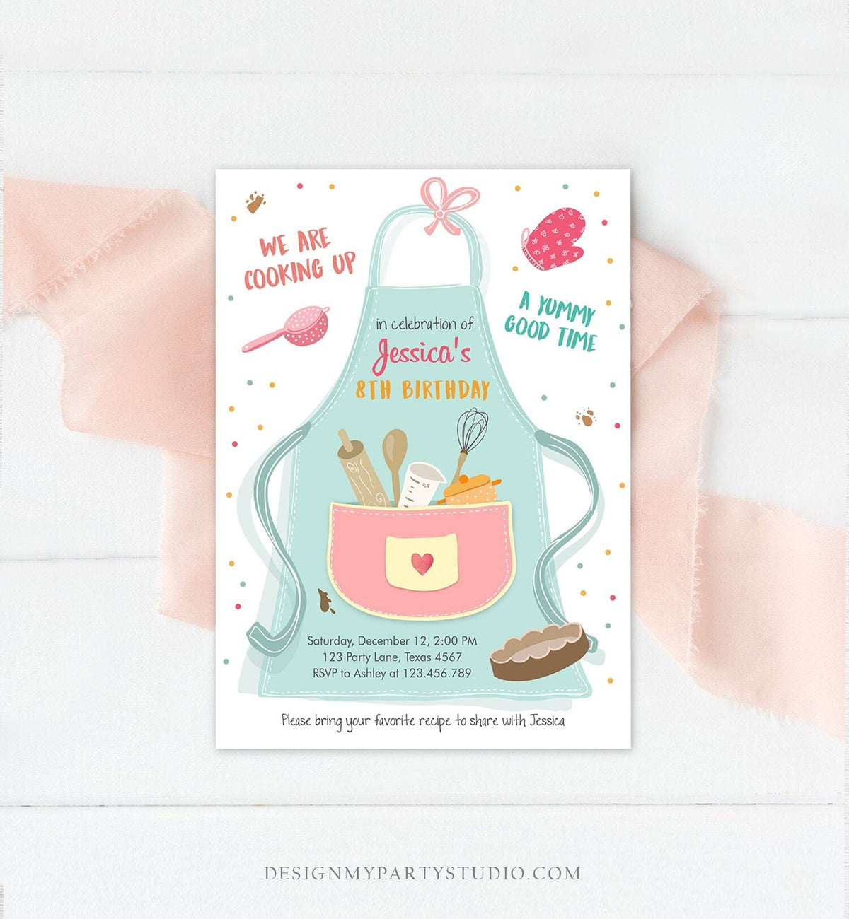Editable Kids Kitchen Cooking Birthday Invitation Pink Girl Chef Baking Party Cakes Pies Cupcakes Download Printable Corjl Template 0219
