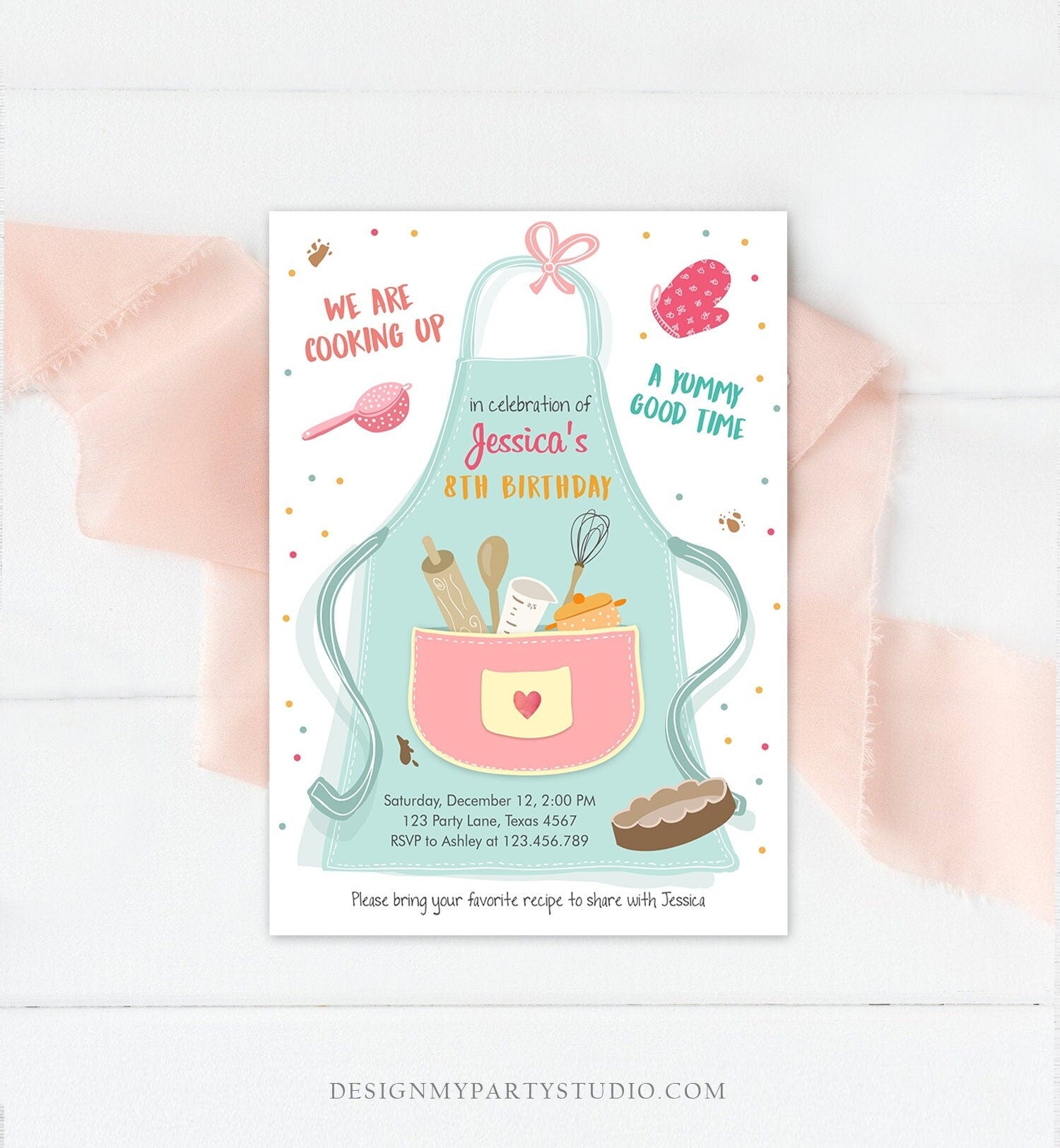 Editable Kids Kitchen Cooking Birthday Invitation Pink Girl Chef Baking Party Cakes Pies Cupcakes Download Printable Corjl Template 0219