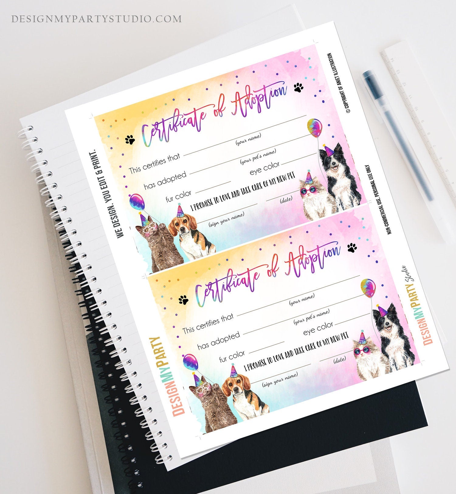 Pet Adoption Certificate Cats and Dogs Birthday Party Adopt A Pet Girl Pawty Kitten Dog Adoption Puppy Party Download Digital PRINTABLE 0460