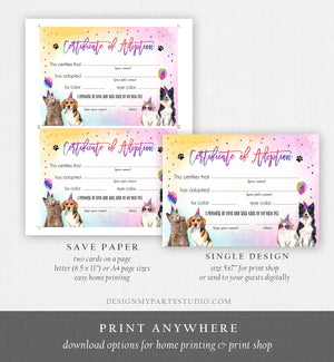 Pet Adoption Certificate Cats and Dogs Birthday Party Adopt A Pet Girl Pawty Kitten Dog Adoption Puppy Party Download Digital PRINTABLE 0460
