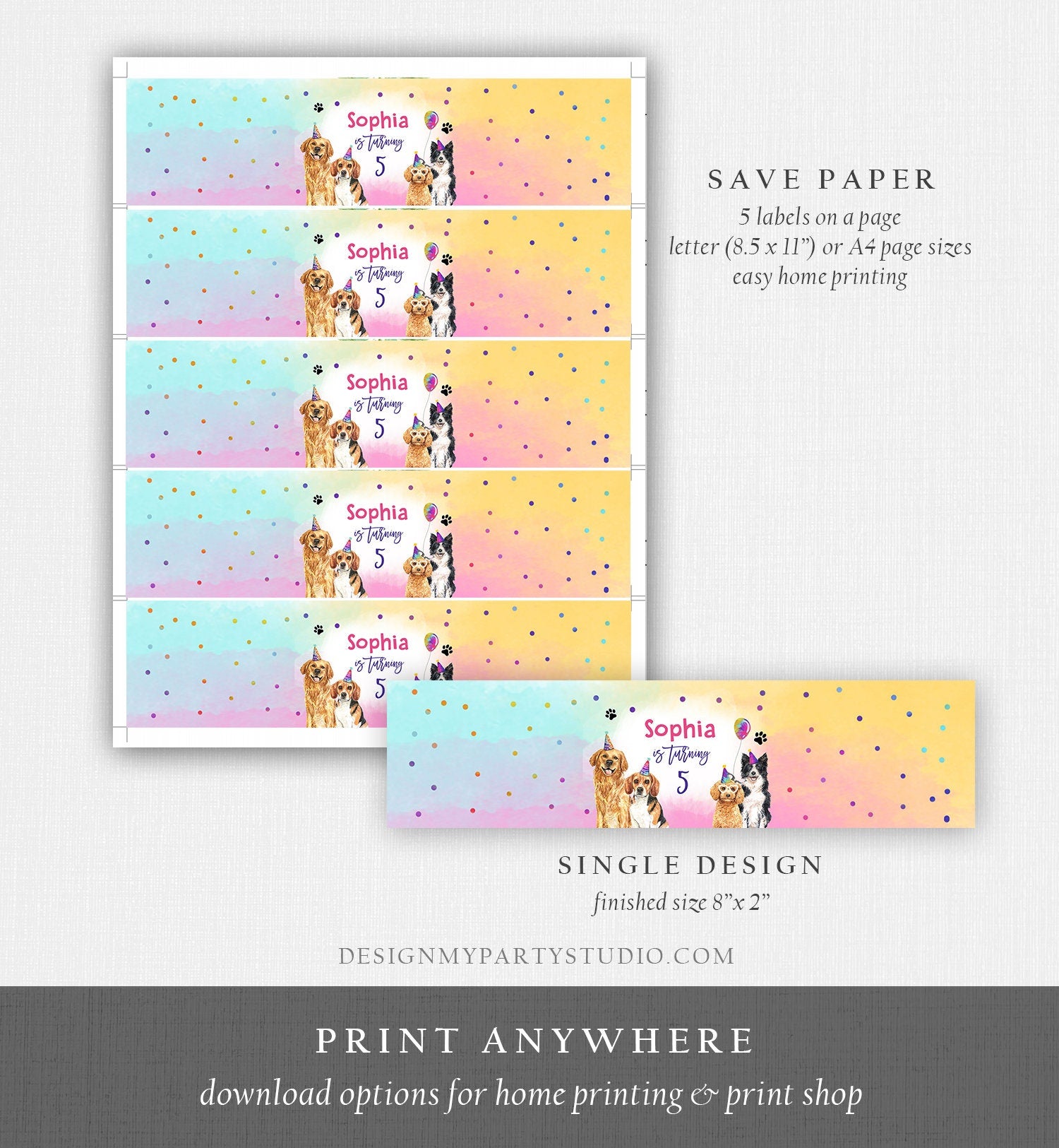 Editable Dog Water Bottle Label Puppy Birthday Party Doggy Pet Vet Pawty Birthday Decor Girl Digital Download Template Printable 0460