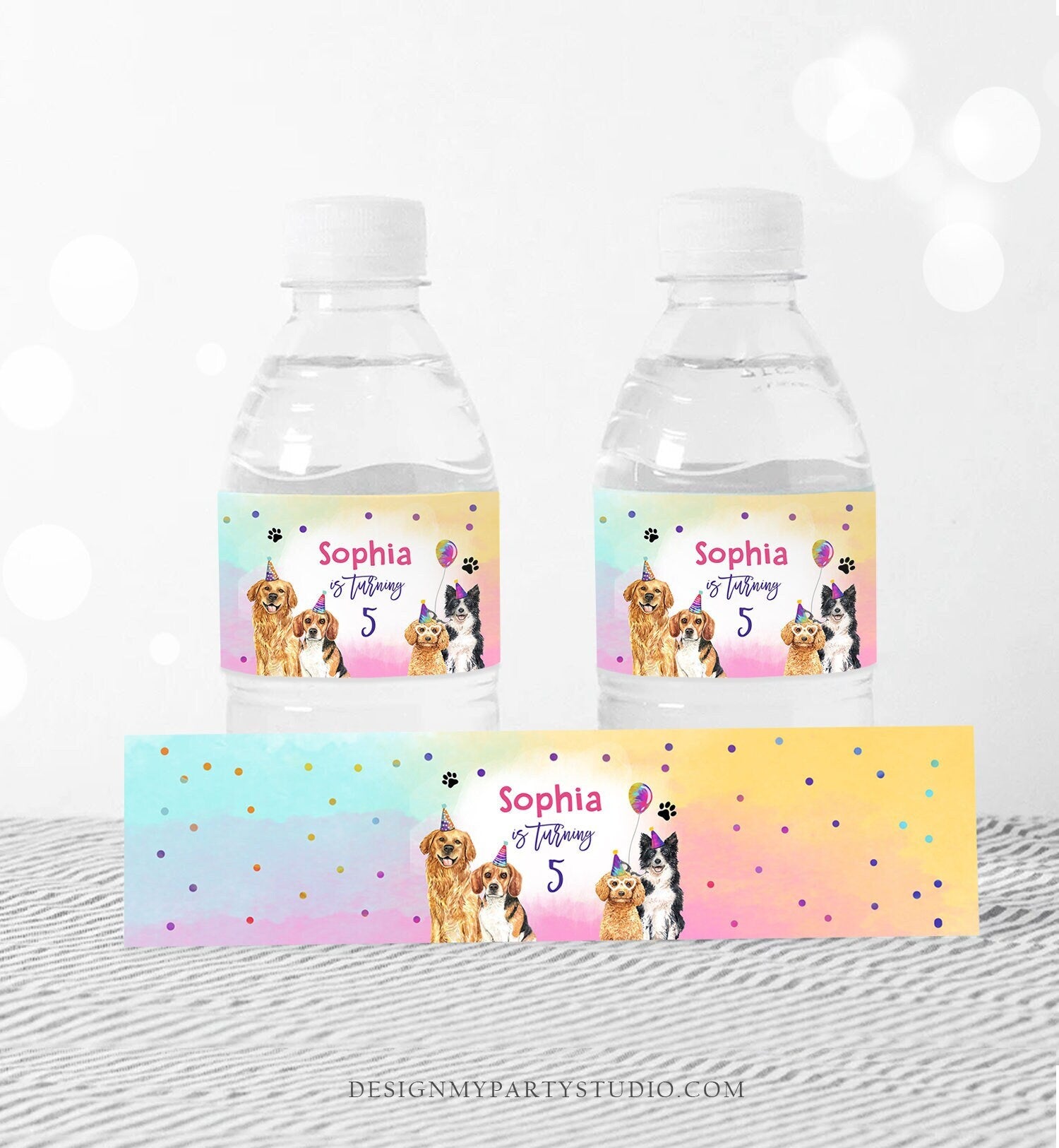 Editable Dog Water Bottle Labels Dog Birthday Puppy Party Doggy Pet Vet Pawty Birthday Decor Girl Printable Bottle Wrap Template Corjl 0460