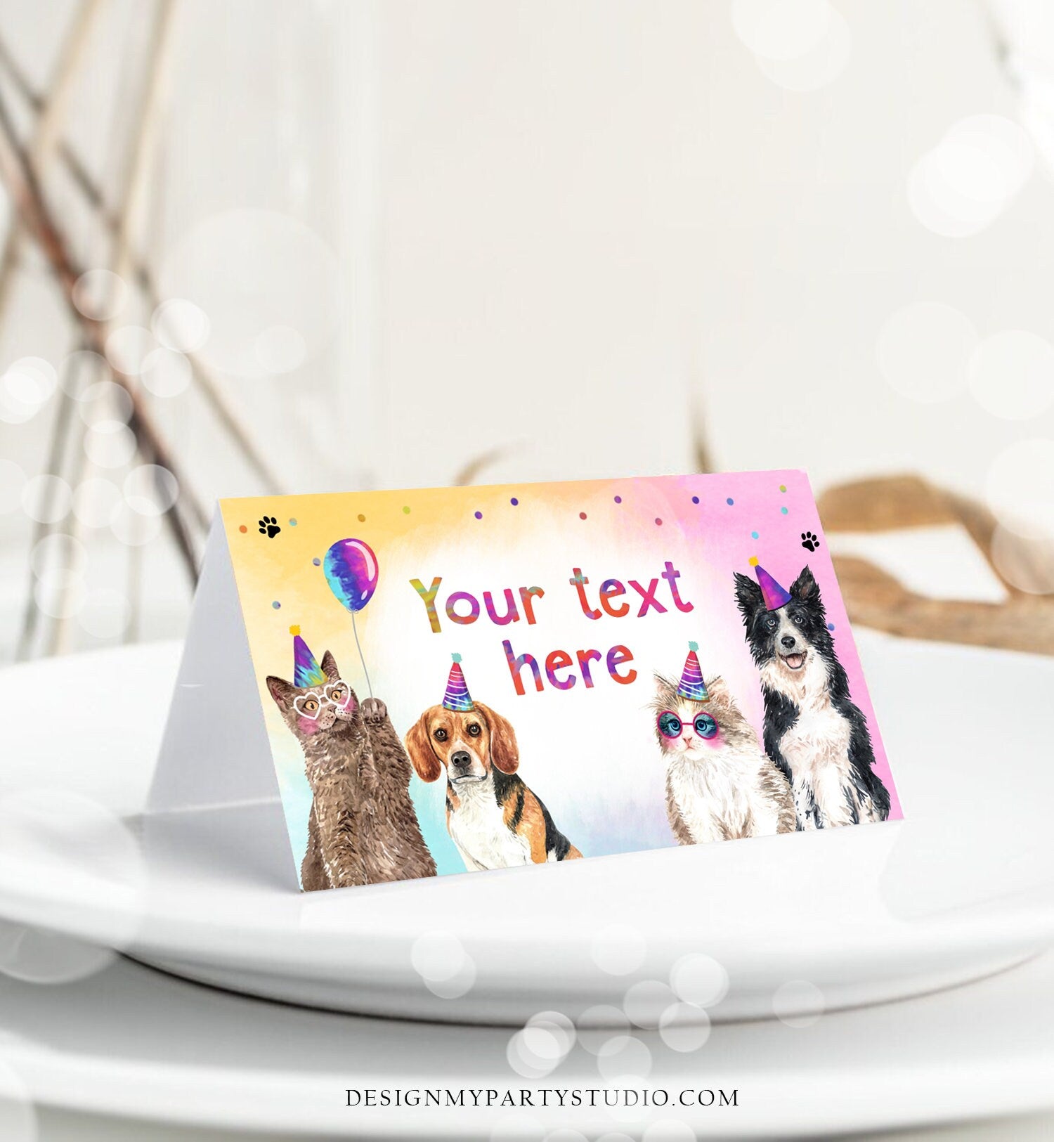 Editable Cats and Dogs Food Labels Kitten Birthday Place Card Tent Card Puppy Dog Pawty Pet Party Animals Girl Printable Template Corjl 0460