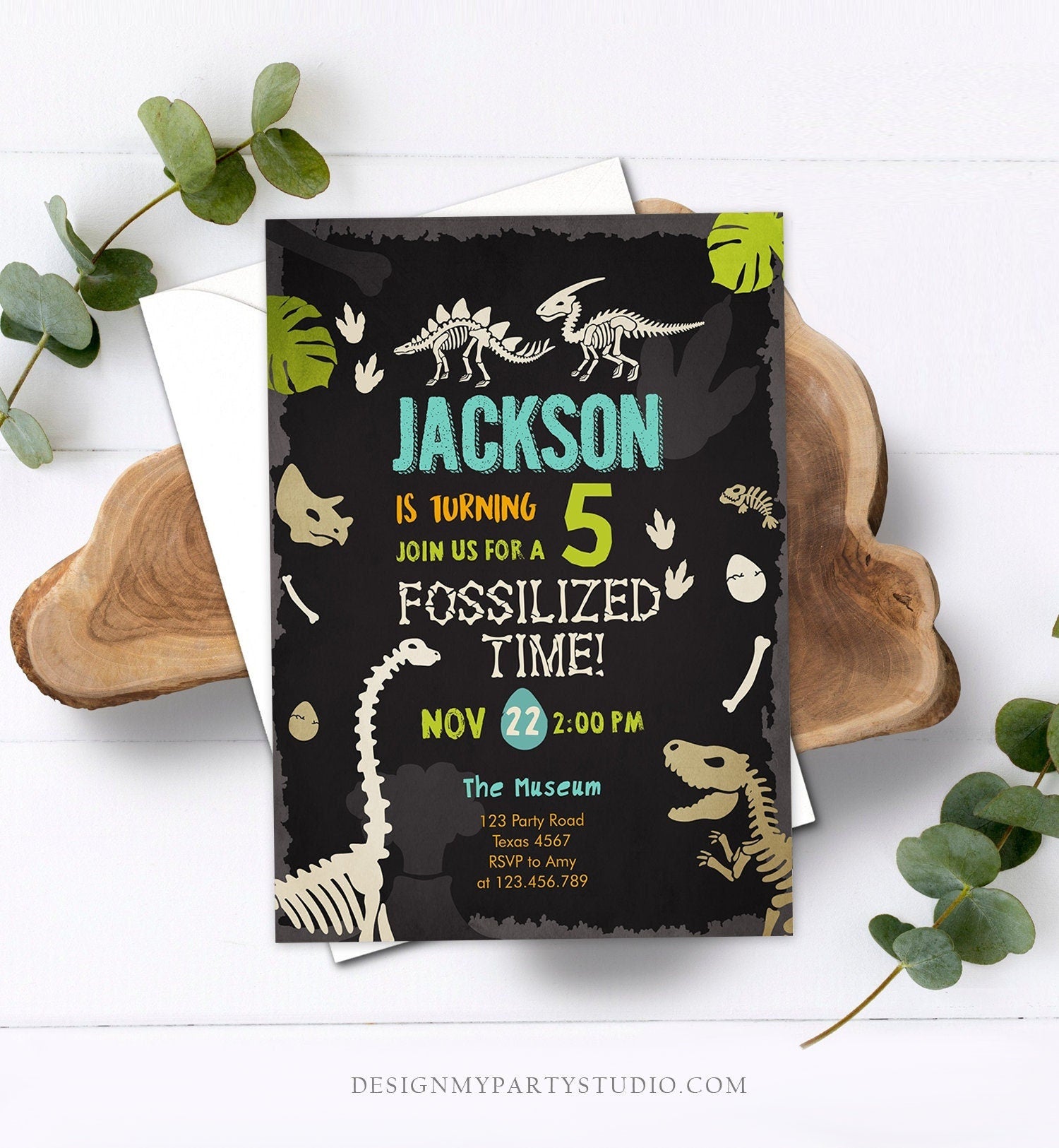 Editable Fossil Birthday Invitation Dino Dig Party Prehistoric Boy Dinosaur Party T-Rex Chalk Digital Download Printable Template Corjl 0269