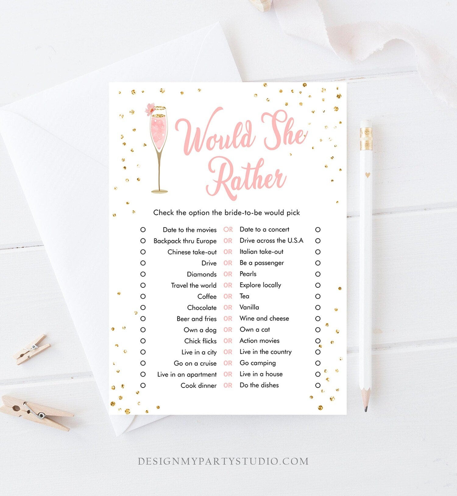 Editable Would She Rather Bridal Shower Game Brunch and Bubbly Who Knows Bride Best Wedding Activity Gold Digital Template Printable 0150