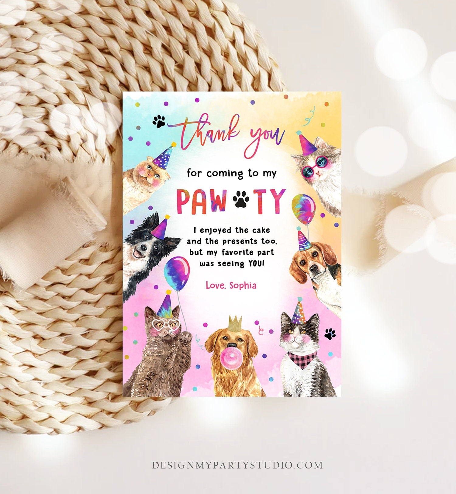 Editable Cats and Dogs Birthday Thank You Card Puppy Birthday Invite Pawty Birthday Party Animals Pet Download Printable Template Corjl 0460