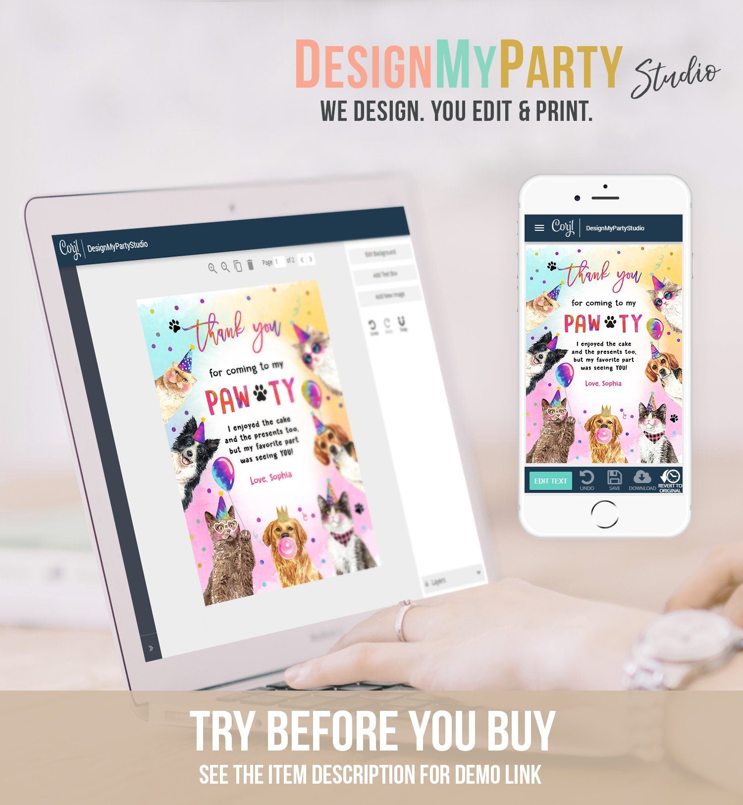 Editable Cats and Dogs Birthday Thank You Card Puppy Birthday Invite Pawty Birthday Party Animals Pet Download Printable Template Corjl 0460