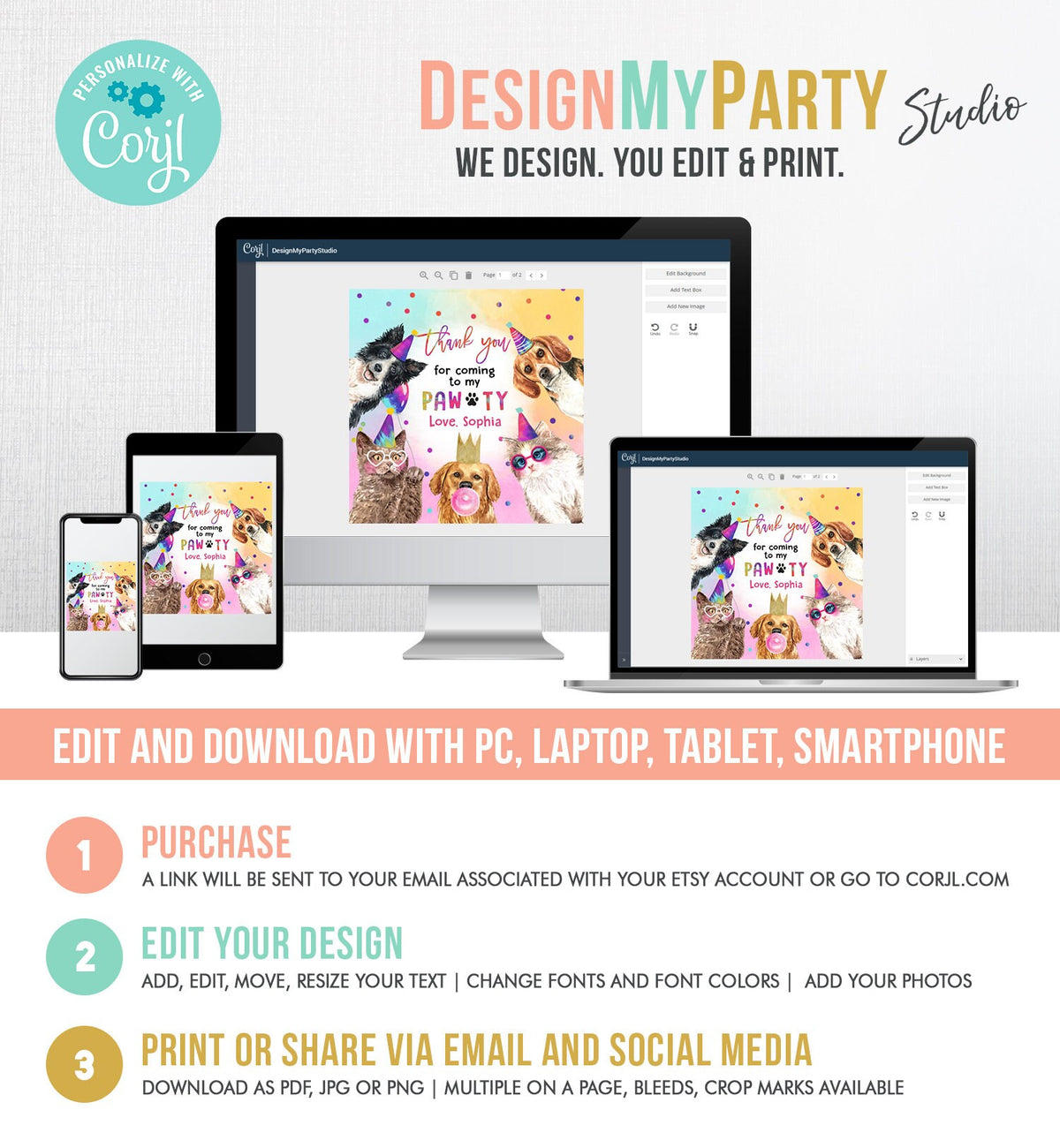 Editable Cats and Dogs Birthday Favor Tags Puppy Birthday Thank you Tag Kitten Pet Party Animals Stickers Digital Template PRINTABLE 0460