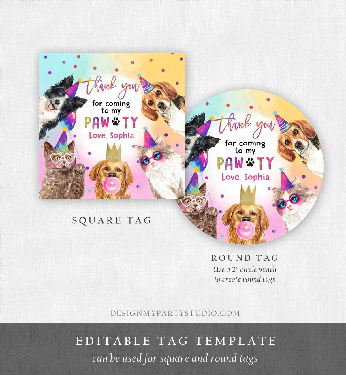 Editable Cats and Dogs Birthday Favor Tags Puppy Birthday Thank you Tag Kitten Pet Party Animals Stickers Digital Template PRINTABLE 0460
