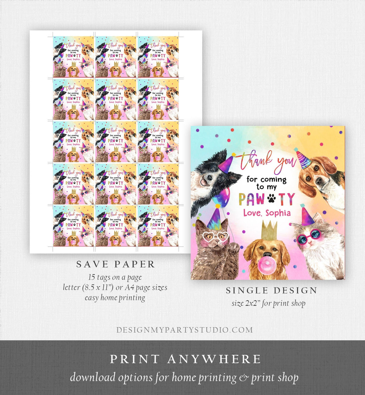 Editable Cats and Dogs Birthday Favor Tags Puppy Birthday Thank you Tag Kitten Pet Party Animals Stickers Digital Template PRINTABLE 0460