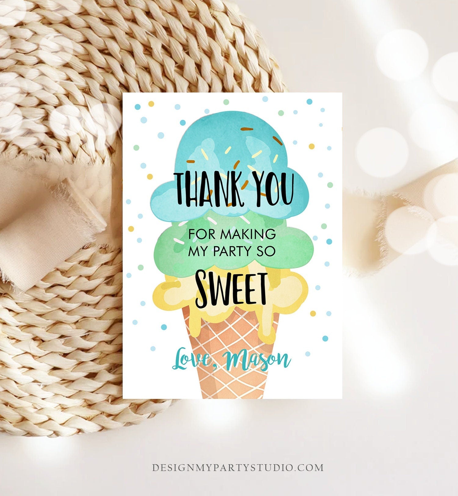 Editable Ice Cream Thank You Card Ice Cream Birthday Thank You Note Boy Birthday Summer Download Printable Template Digital Corjl 0243