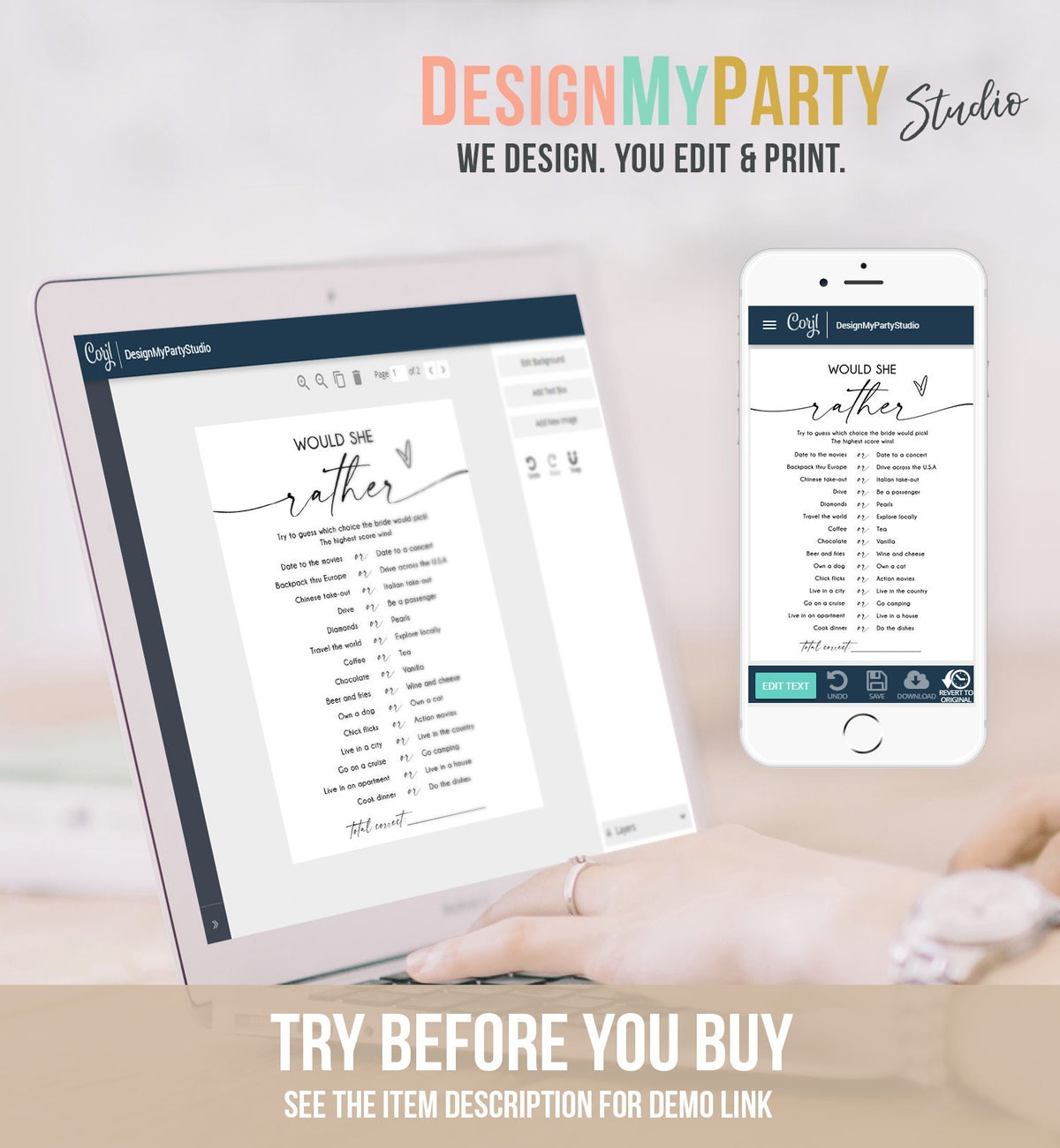 Editable Would She Rather Bridal Shower Game Minimalist Modern Wedding Activity Who Knows Bride Best Activity Corjl Template Printable 0493