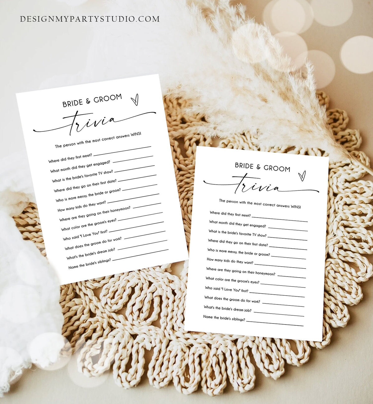 Editable Bride and Groom Trivia Bridal Shower Game Minimalist Modern Wedding Activity Questions Corjl Template Printable 0493