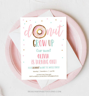Editable Donut Grow Up Birthday Invitation First Birthday Party Pink Girl Doughnut Sweet Digital Download Printable Template Corjl 0368