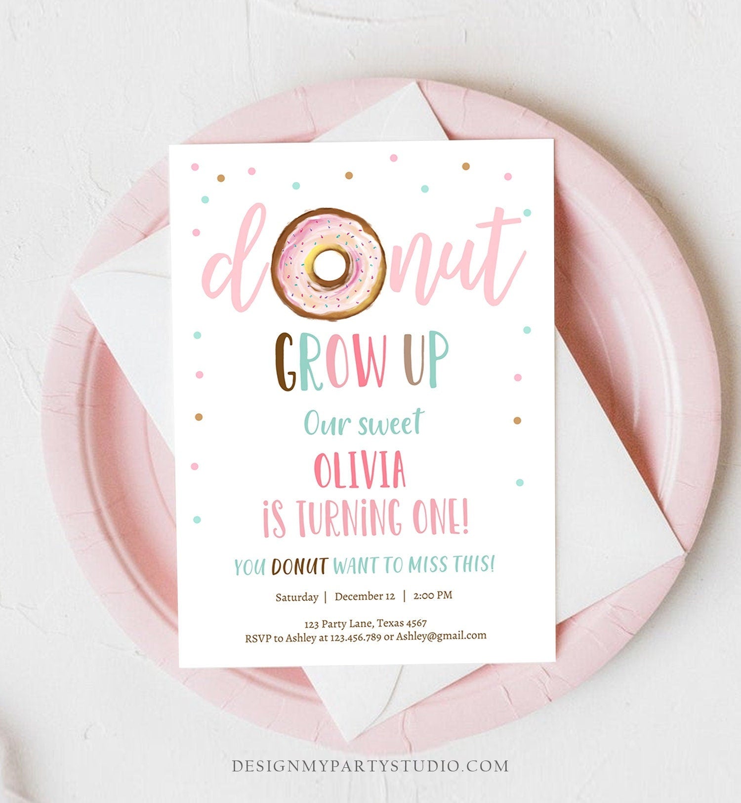 Editable Donut Grow Up Birthday Invitation First Birthday Party Pink Girl Doughnut Sweet Digital Download Evite Template Printable 0368