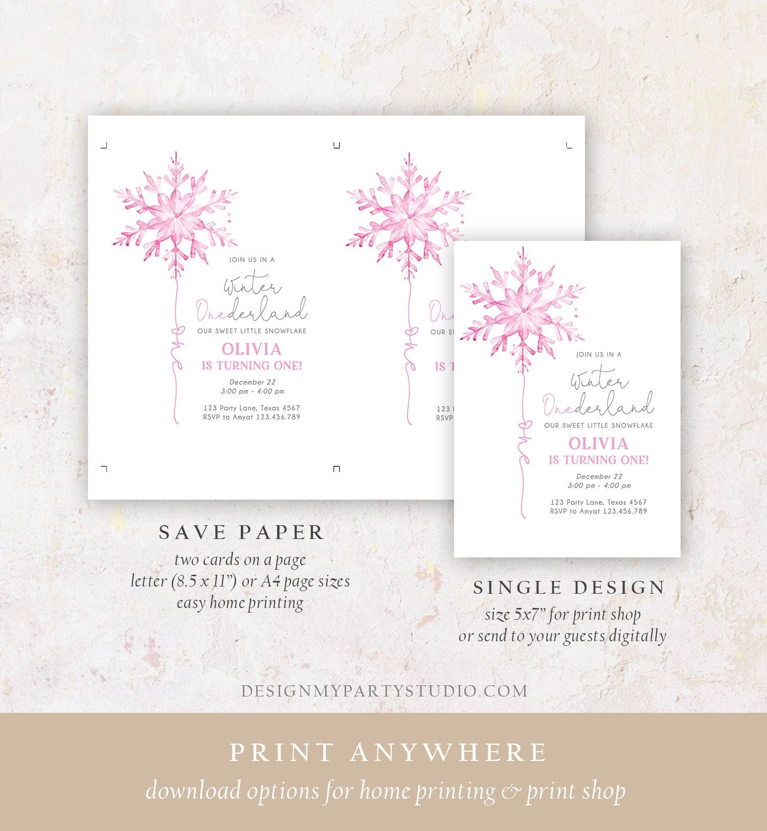Editable Winter ONEderland Birthday Invitation First Birthday 1st Girl Pink Snowflake Watercolor Christmas Digital Template Printable 0494