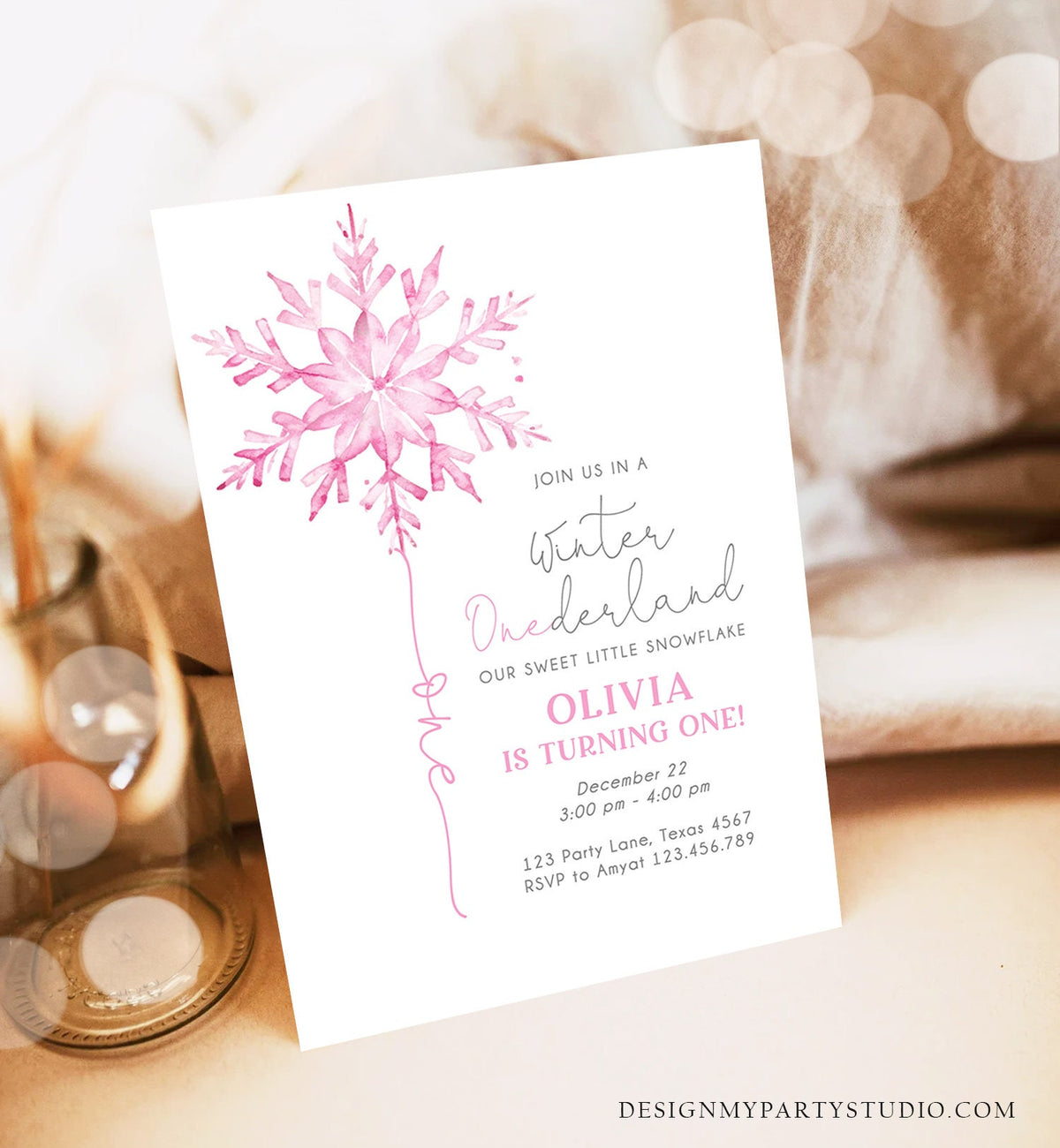 Editable Winter ONEderland Birthday Invitation First Birthday 1st Girl Pink Snowflake Watercolor Christmas Digital Template Printable 0494