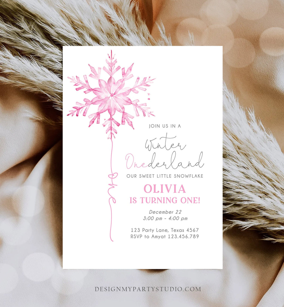 Editable Winter ONEderland Birthday Invitation First Birthday 1st Girl Pink Snowflake Watercolor Christmas Digital Template Printable 0494