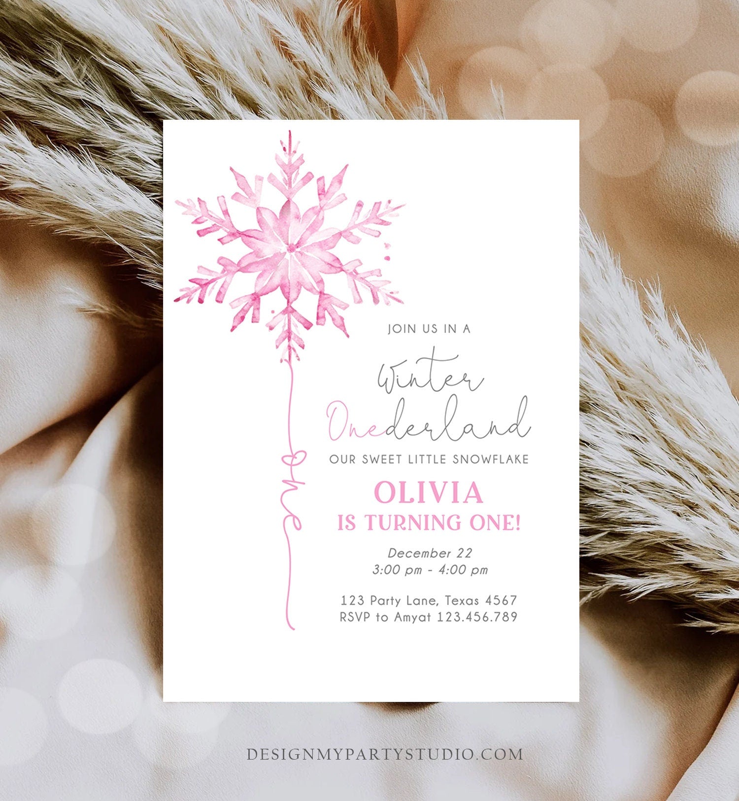 Editable Winter ONEderland Birthday Invitation First Birthday 1st Girl Pink Snowflake Watercolor Christmas Digital Template Printable 0494