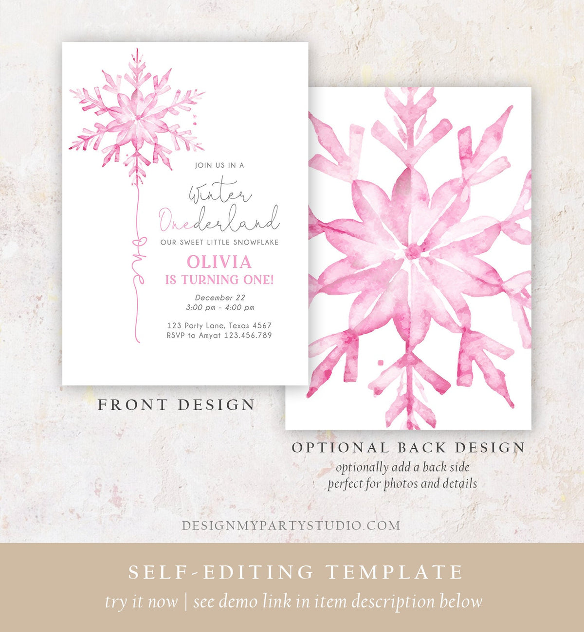 Editable Winter ONEderland Birthday Invitation First Birthday 1st Girl Pink Snowflake Watercolor Christmas Digital Template Printable 0494