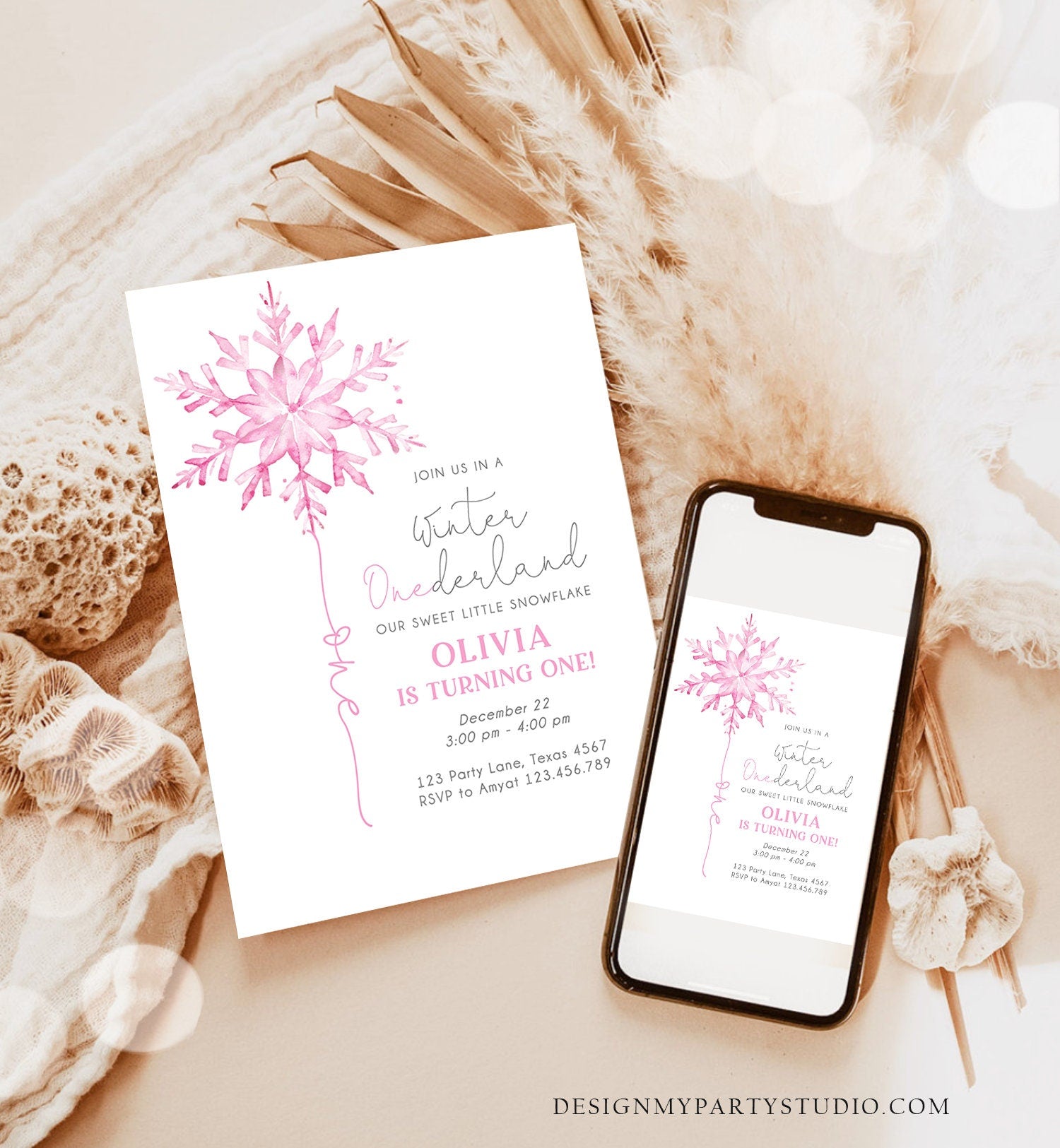 Editable Winter ONEderland Birthday Invitation First Birthday 1st Girl Pink Snowflake Watercolor Christmas Minimalist Corjl Template 0494