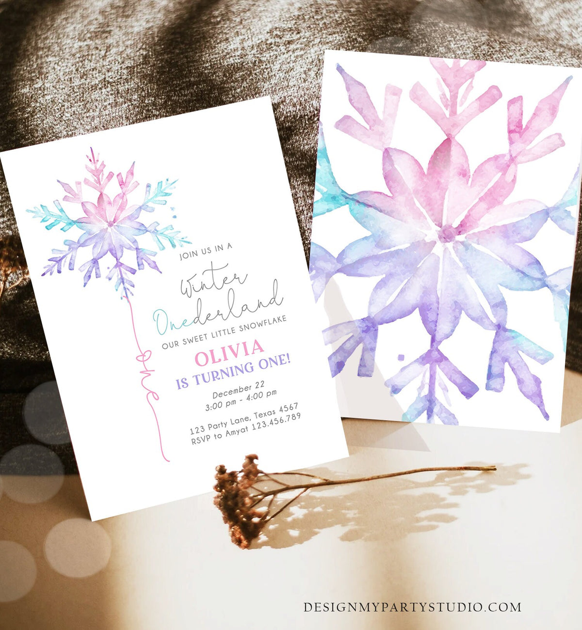 Editable Winter ONEderland Birthday Invitation First Birthday 1st Girl Pink Purple Snowflake Watercolor Minimalist Corjl Template 0494