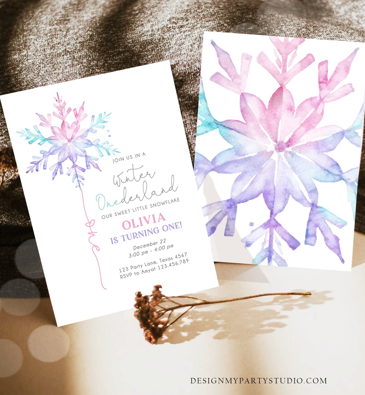Editable Winter ONEderland Birthday Invitation First Birthday 1st Girl Pink Purple Snowflake Watercolor Minimalist Corjl Template 0494