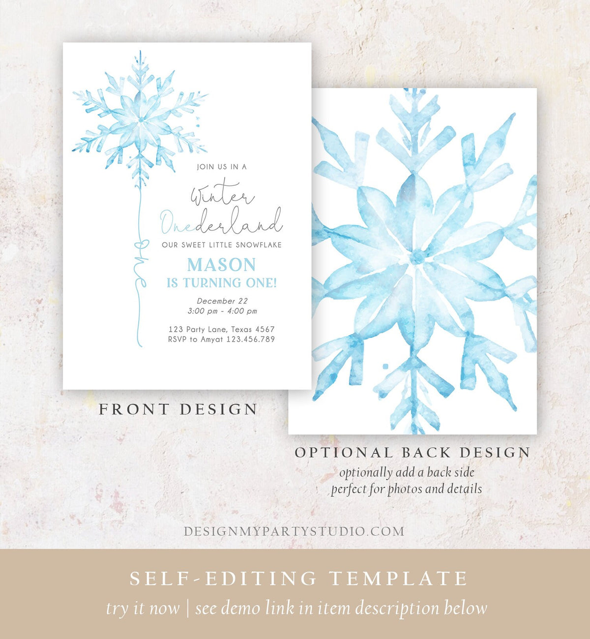 Editable Winter ONEderland Birthday Invitation First Birthday 1st Boy Blue Snowflake Watercolor Wonderland Digital Template Printable 0494