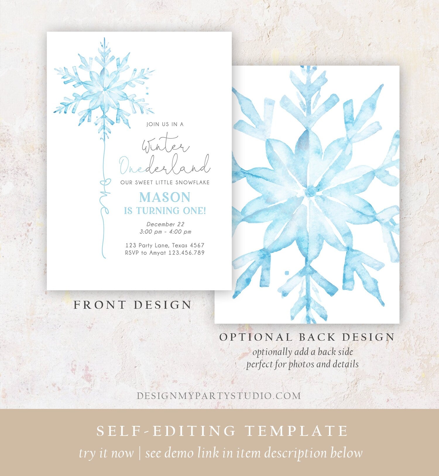 Editable Winter ONEderland Birthday Invitation First Birthday 1st Boy Blue Snowflake Watercolor Wonderland Digital Template Printable 0494