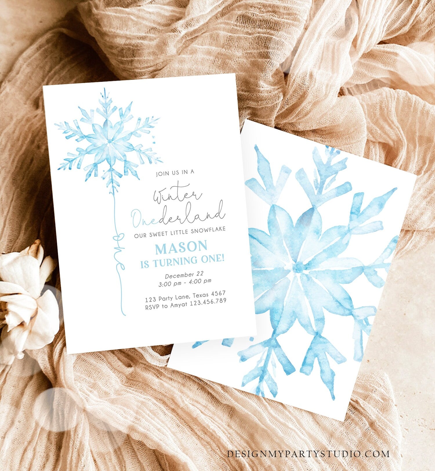 Editable Winter ONEderland Birthday Invitation First Birthday 1st Boy Blue Snowflake Watercolor Wonderland Minimalist Corjl Template 0494