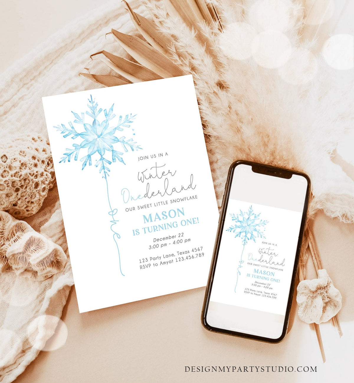Editable Winter ONEderland Birthday Invitation First Birthday 1st Boy Blue Snowflake Watercolor Wonderland Digital Template Printable 0494