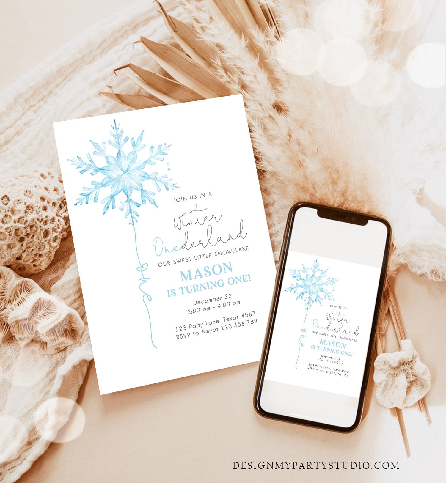 Editable Winter ONEderland Birthday Invitation First Birthday 1st Boy Blue Snowflake Watercolor Wonderland Digital Template Printable 0494