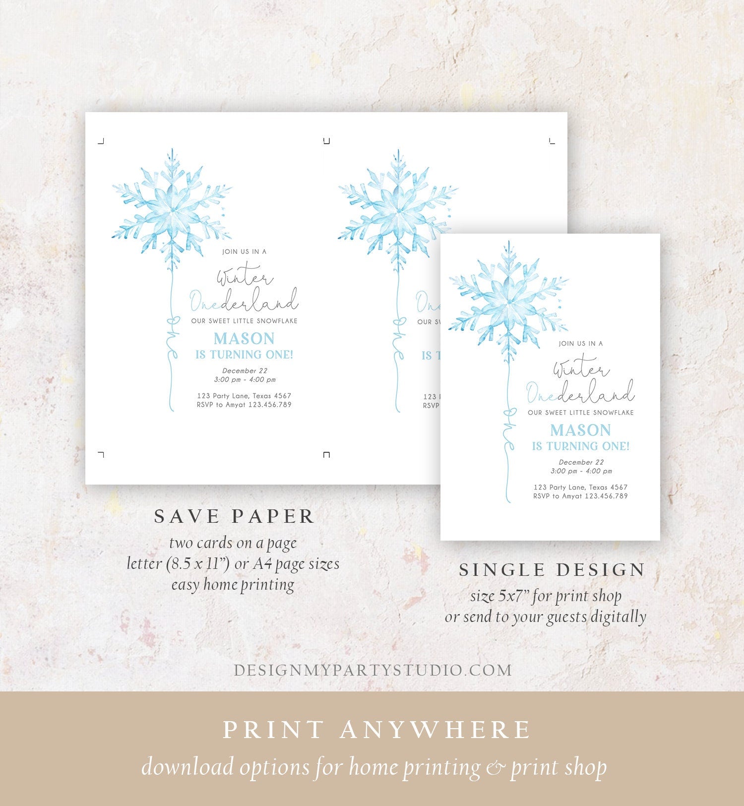 Editable Winter ONEderland Birthday Invitation First Birthday 1st Boy Blue Snowflake Watercolor Wonderland Digital Template Printable 0494