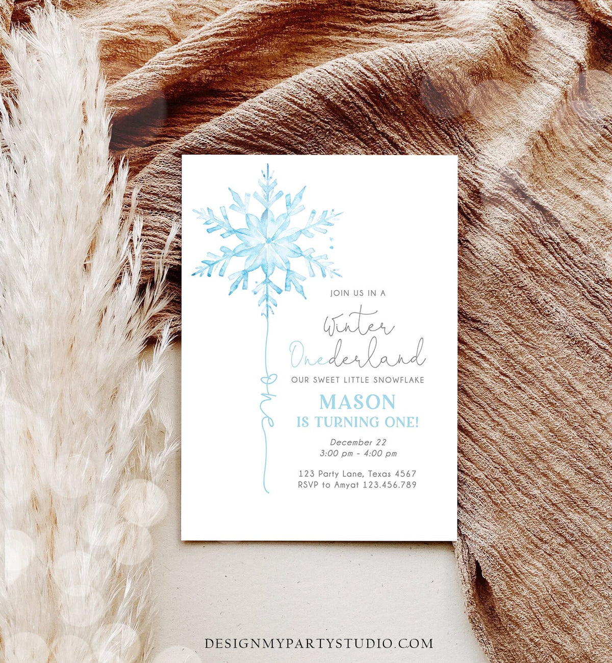 Editable Winter ONEderland Birthday Invitation First Birthday 1st Boy Blue Snowflake Watercolor Wonderland Digital Template Printable 0494