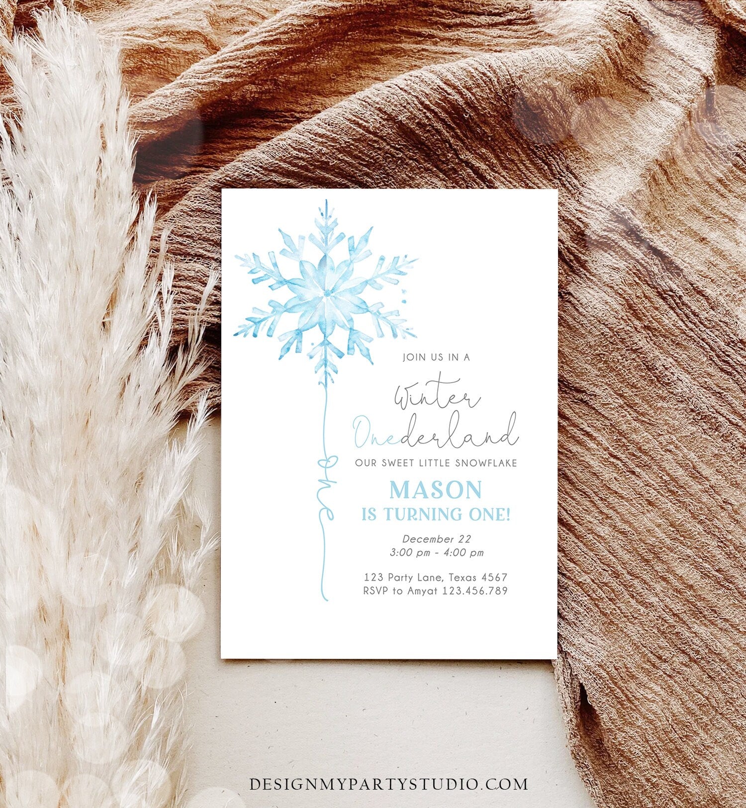 Editable Winter ONEderland Birthday Invitation First Birthday 1st Boy Blue Snowflake Watercolor Wonderland Digital Template Printable 0494