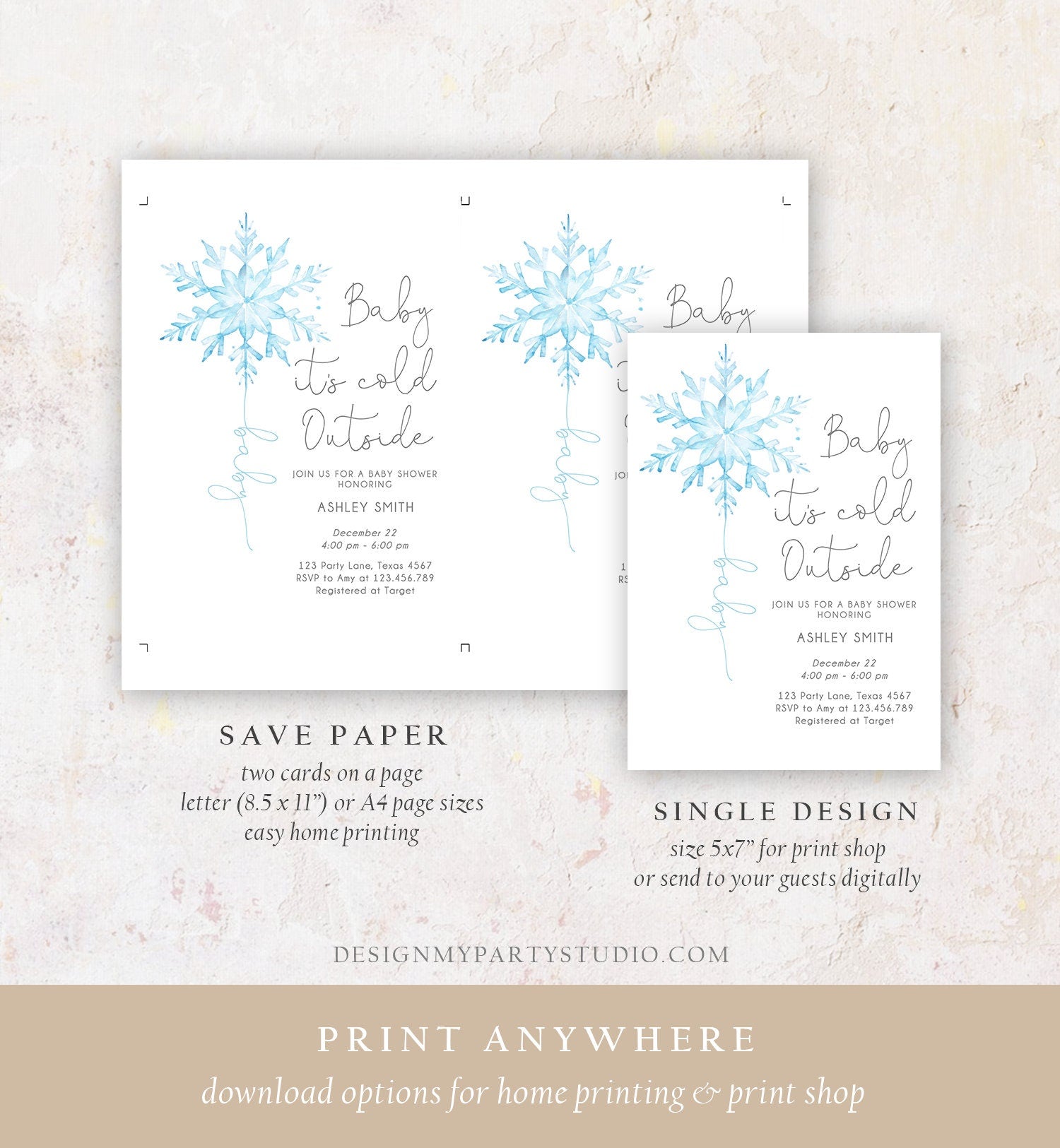 Editable Baby Its Cold Outside Baby Shower Invitation Winter Baby Shower Boy Little Snowflake Watercolor Digital Template Printable 0494