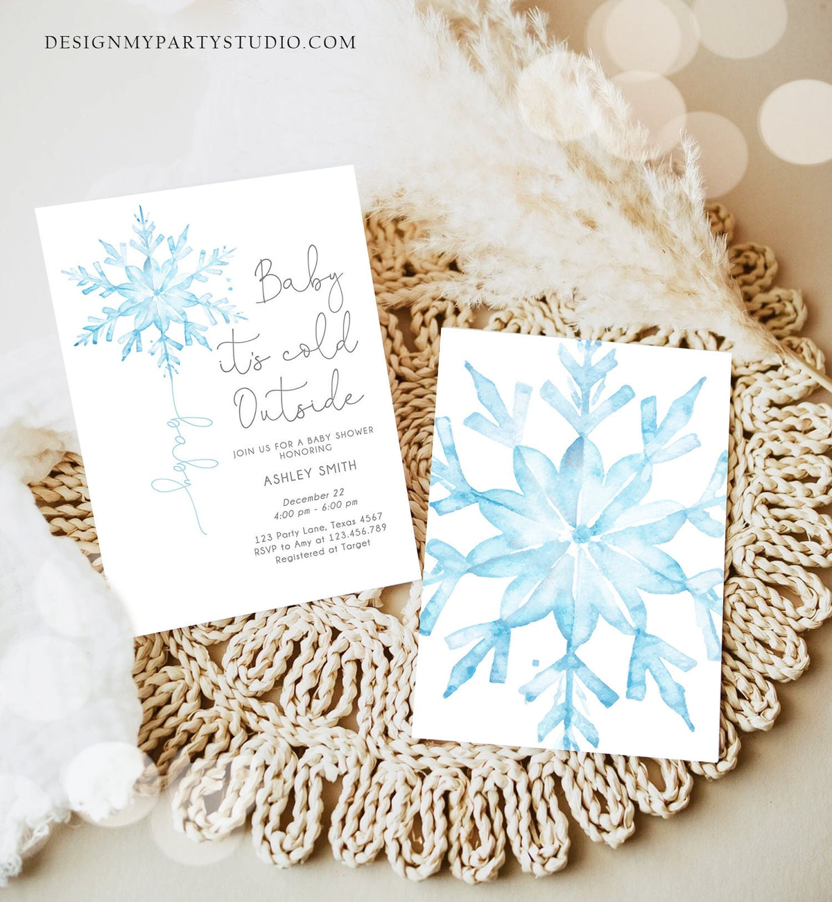 Editable Baby Its Cold Outside Baby Shower Invitation Winter Baby Shower Boy Little Snowflake Watercolor Digital Template Printable 0494