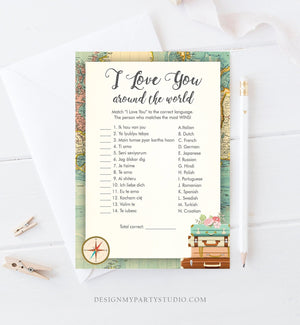 Editable I Love You Around the World Bridal Shower Game Travel Wedding Shower Activity Vintage Map Suitcases Corjl Template Printable 0044