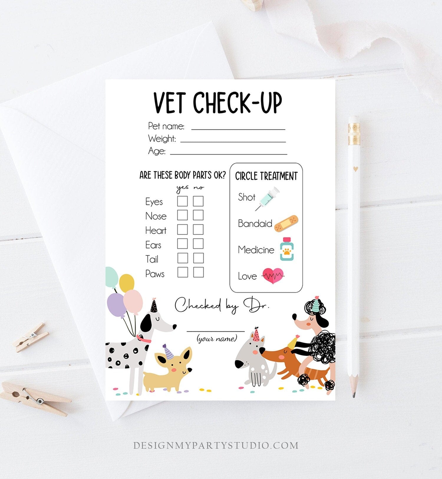 Vet Check Up Exam Sheet Pet Check-Up Dog Birthday Party Puppy Party Hospital Puppy Adoption Adopt a Pet Girl Pink Download Printable 0429
