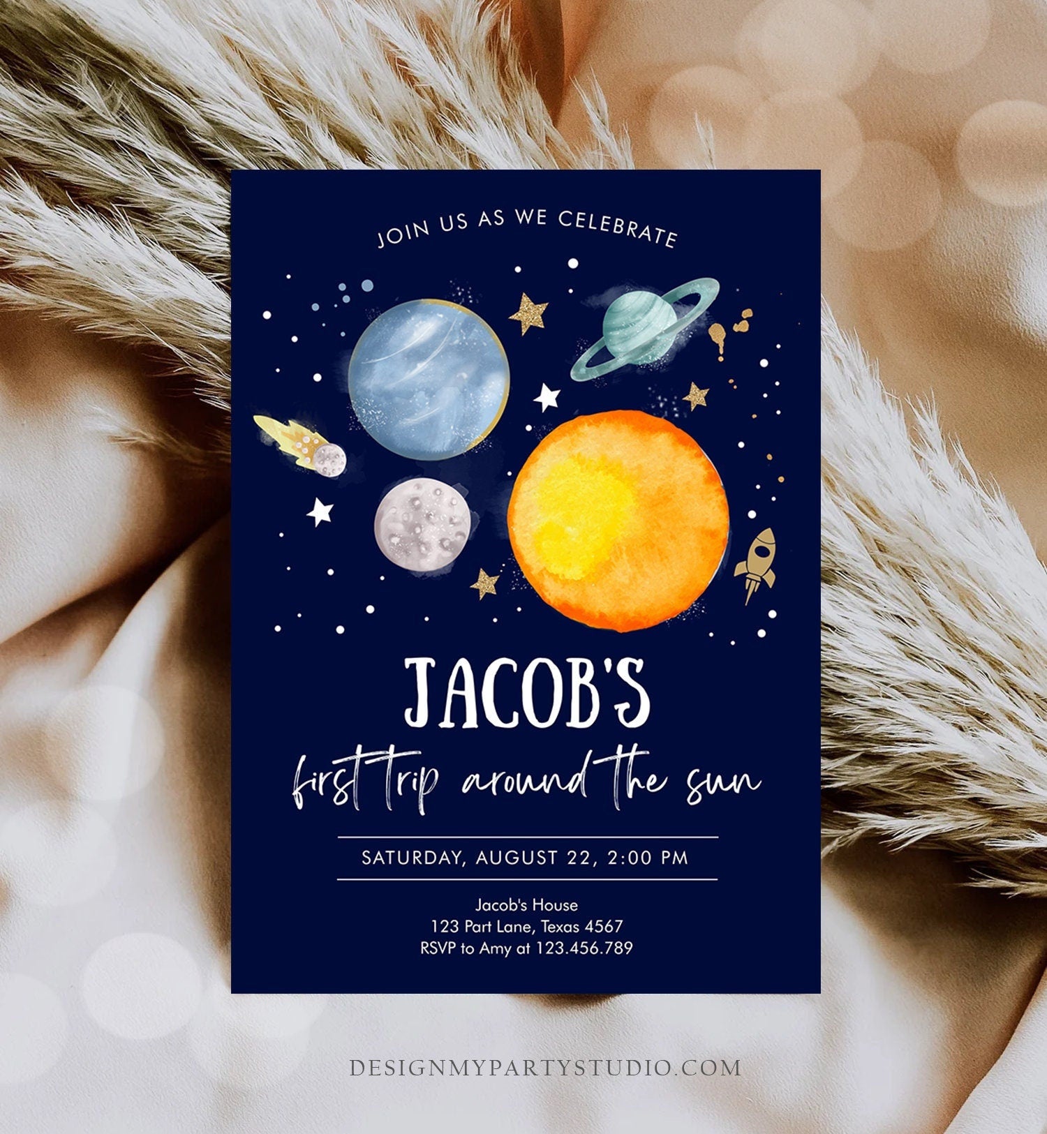 Editable Outer Space First Birthday Invitation Galaxy Blast Off First Trip Around the Sun Digital Download Template Printable 0357