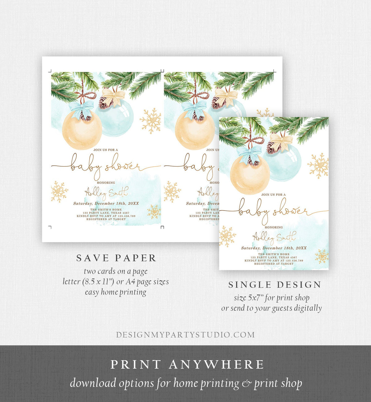 Editable Winter Baby Shower Invitation Baby It&#39;s Cold Outside Christmas Baby Shower Boy Blue Watercolor Digital Template Printable 0490