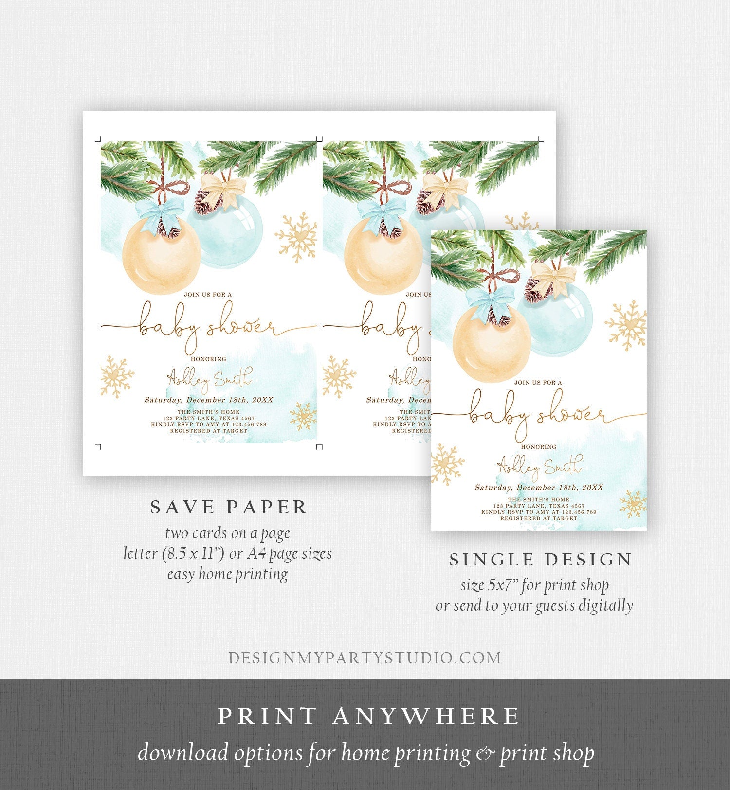 Editable Winter Baby Shower Invitation Baby It's Cold Outside Christmas Baby Shower Boy Blue Watercolor Digital Template Printable 0490