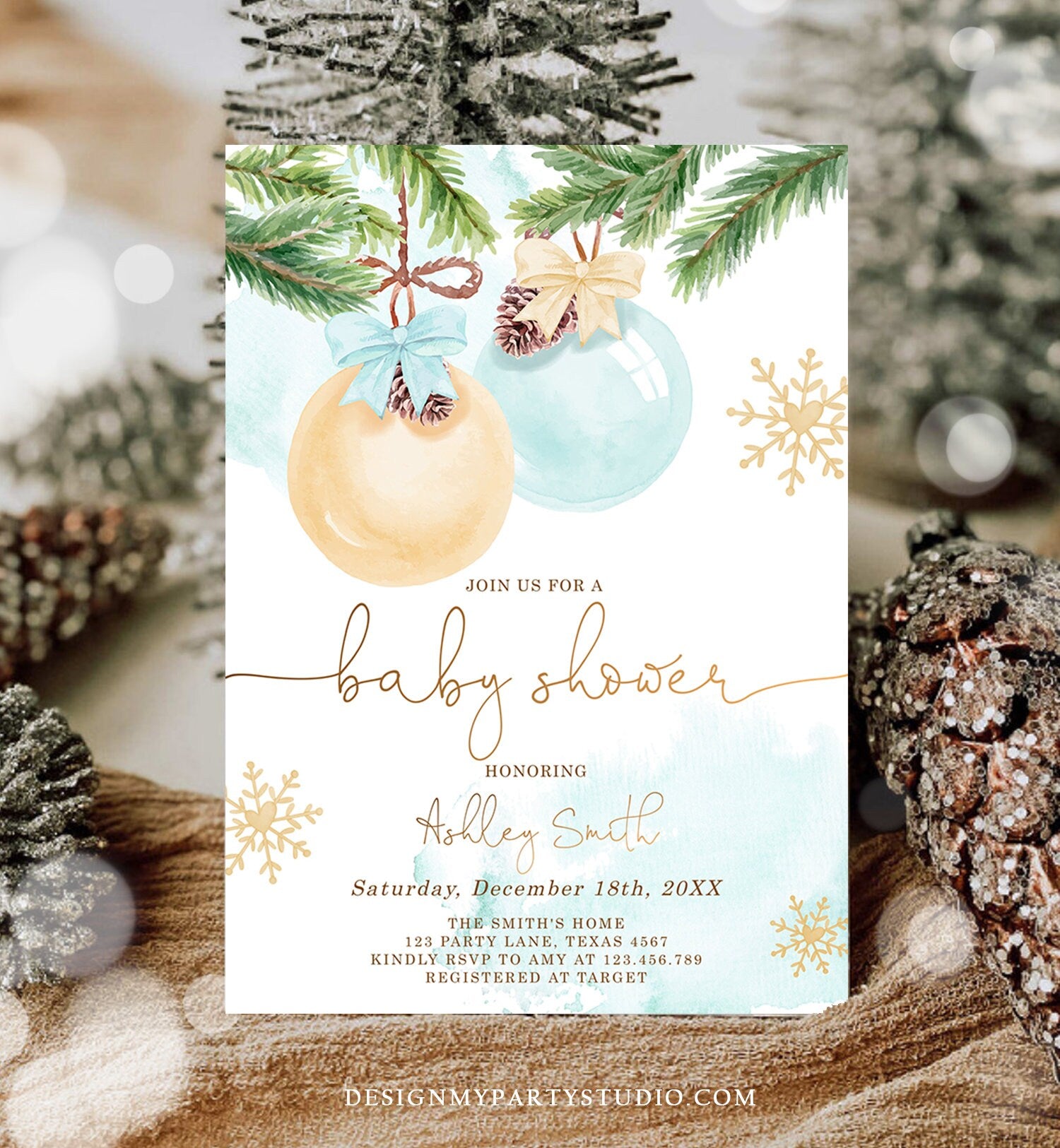 Editable Winter Baby Shower Invitation Baby It's Cold Outside Christmas Baby Shower Boy Blue Watercolor Digital Template Printable 0490