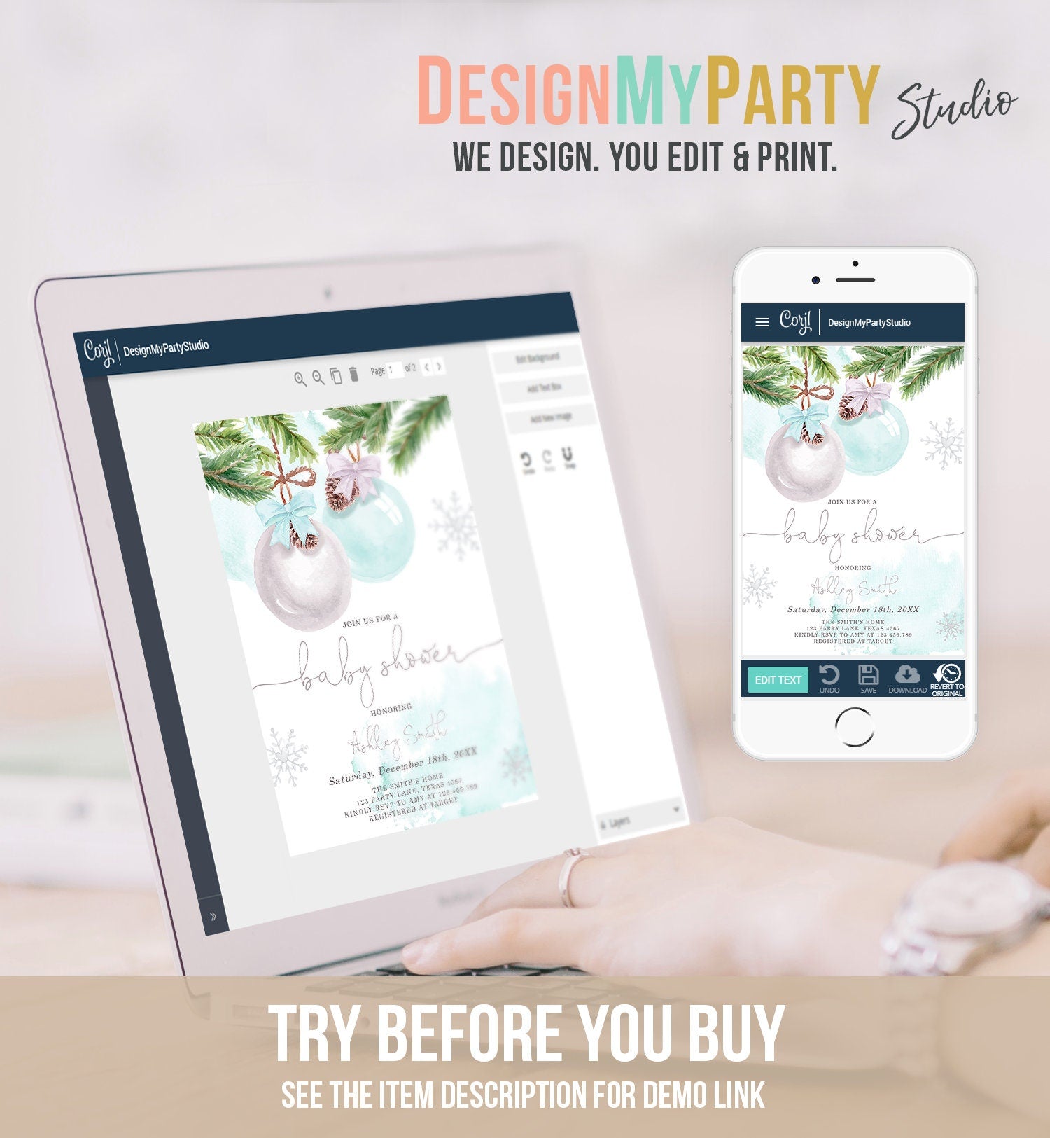 Editable Winter Baby Shower Invitation Baby It's Cold Outside Christmas Baby Shower Boy Blue Watercolor Digital Template Printable 0490