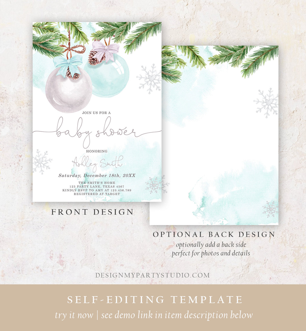 Editable Winter Baby Shower Invitation Baby It&#39;s Cold Outside Christmas Baby Shower Boy Blue Watercolor Digital Template Printable 0490