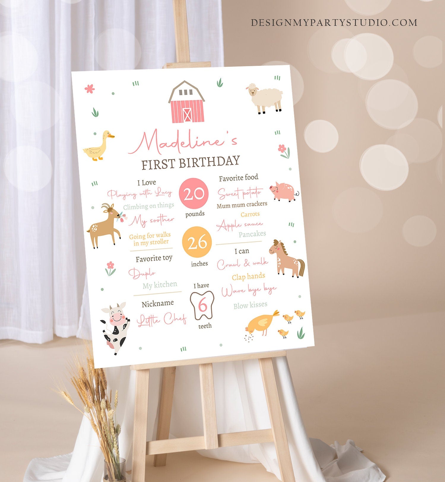 Editable Farm Animals Birthday Milestone Sign Girl Pink Farm Minimalist Barnyard Bash Barnyard Sign Floral Digital Template Printable 0436