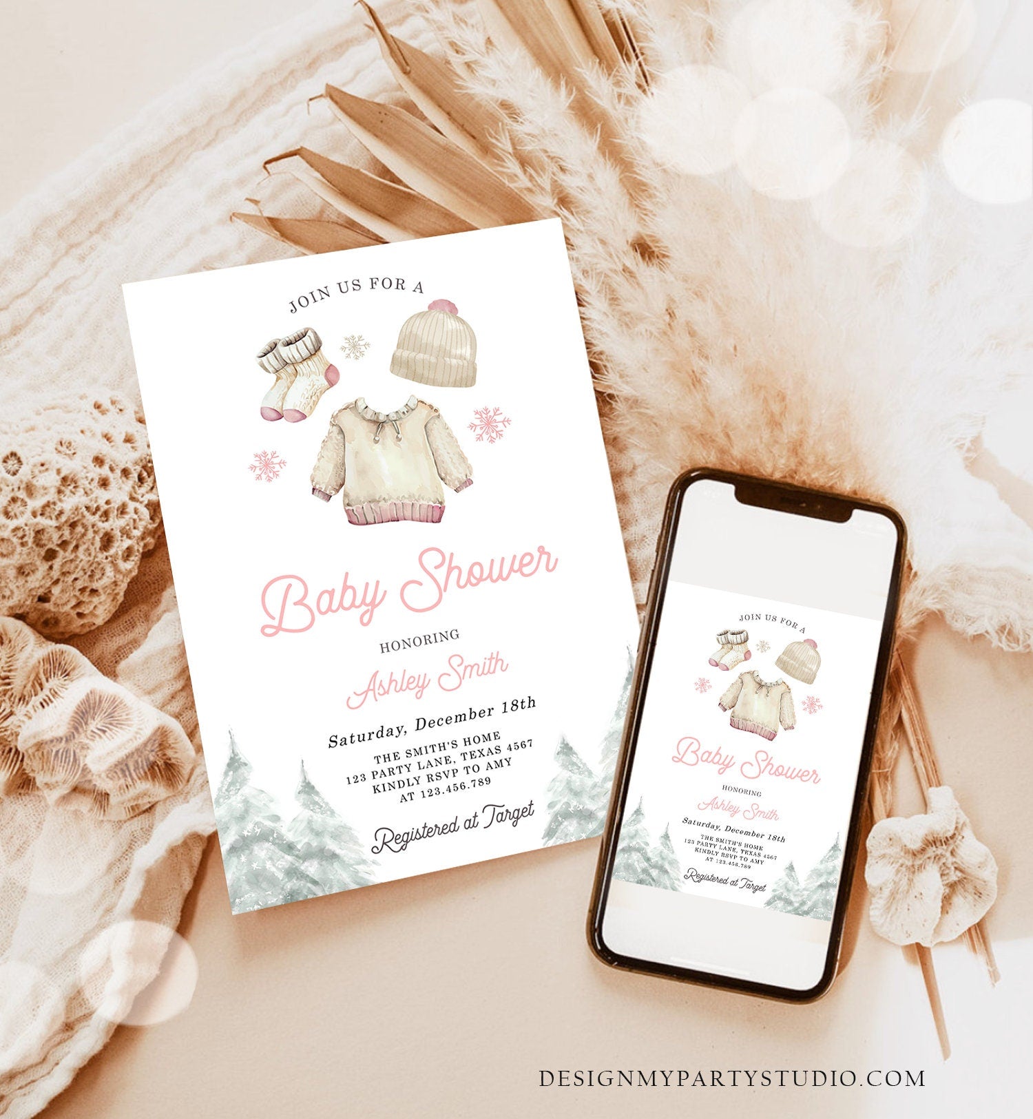 Editable Winter Baby Shower Girl Baby It's Cold Outside Invitation Christmas Pink Baby Clothes Watercolor Digital Template Printable 0491